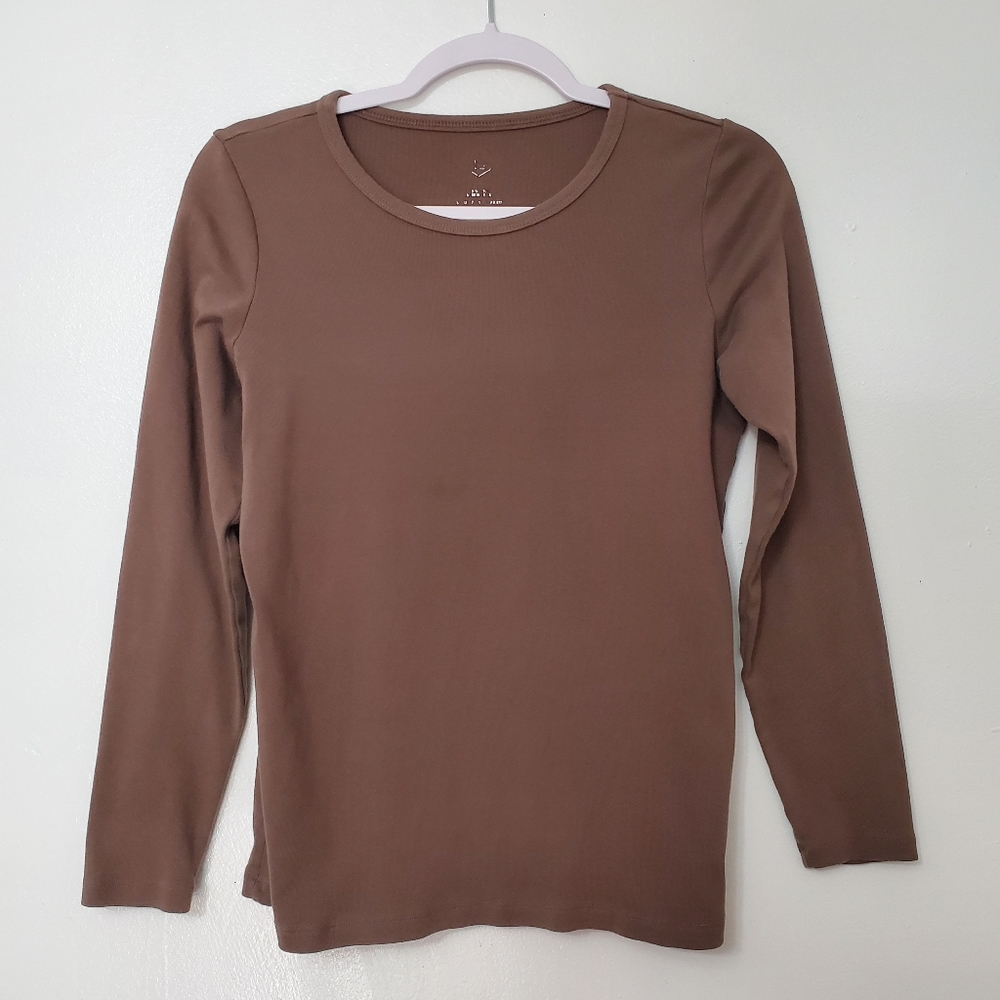 Womens Long Sleeve Shirt Size Small Basic Solid Brown Lounge Coup Neck